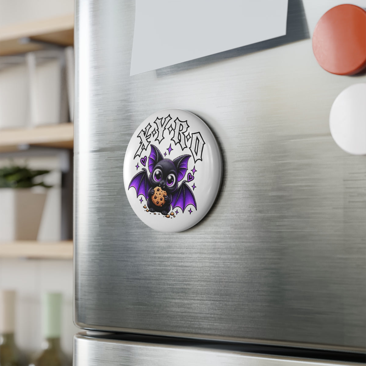 XYRO Purple Bat Cookie Magnet — Round Button Magnet