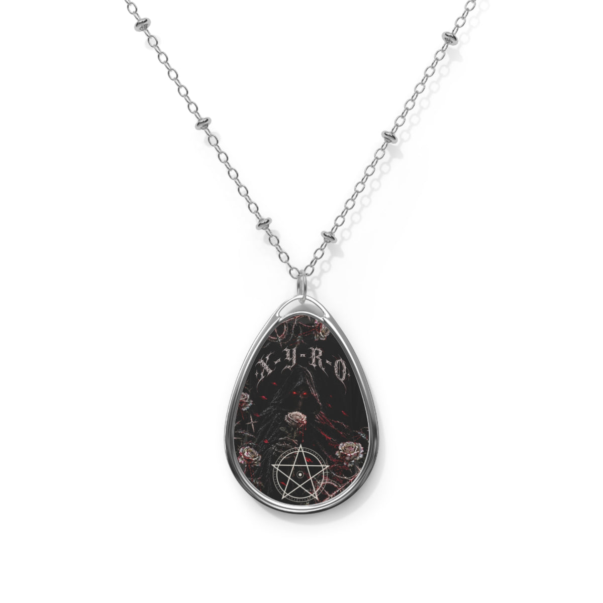 XYRO Reaper Blood Rose Pendant — Engraved Oval Necklace