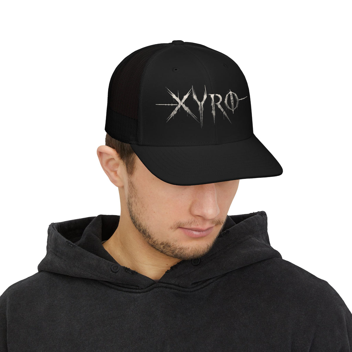 XYRO Logo Trucker Cap — Black Metal Snapback