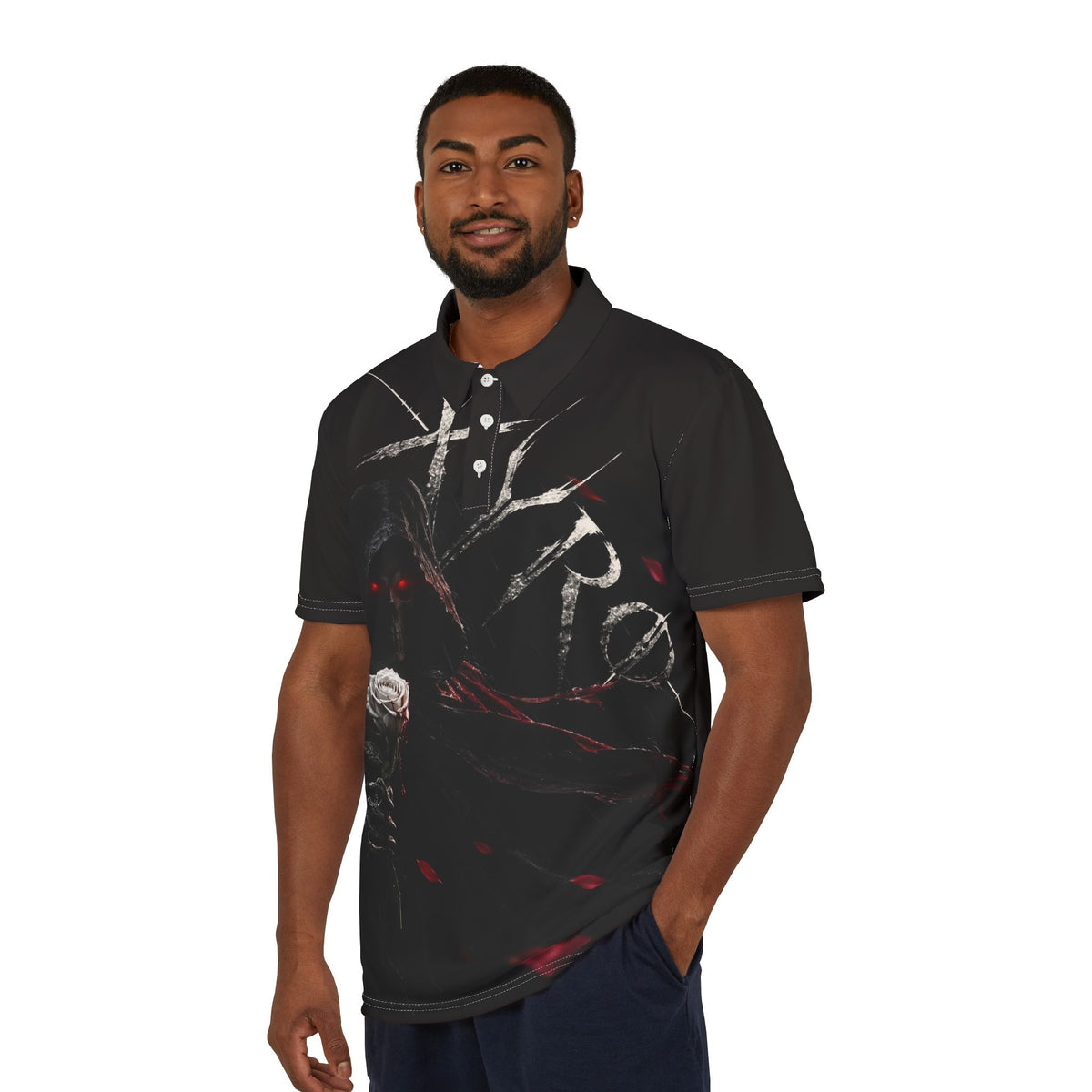 XYRO Dark Rose Reaper Polo — Gothic Floral All-Over Print