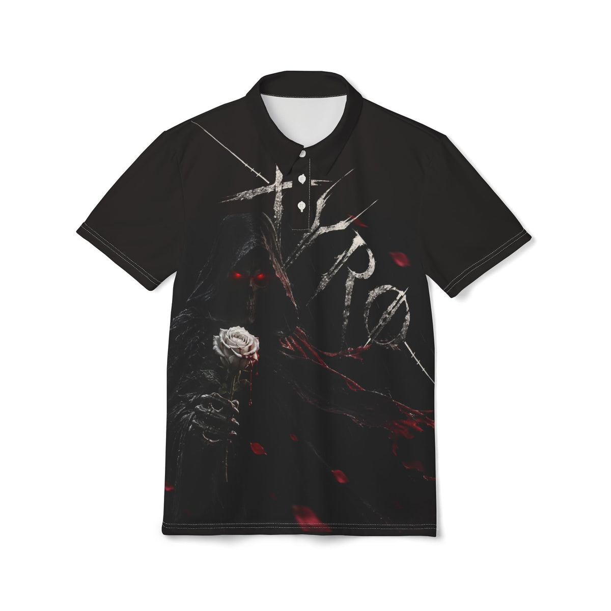 XYRO Dark Rose Reaper Polo — Gothic Floral All-Over Print