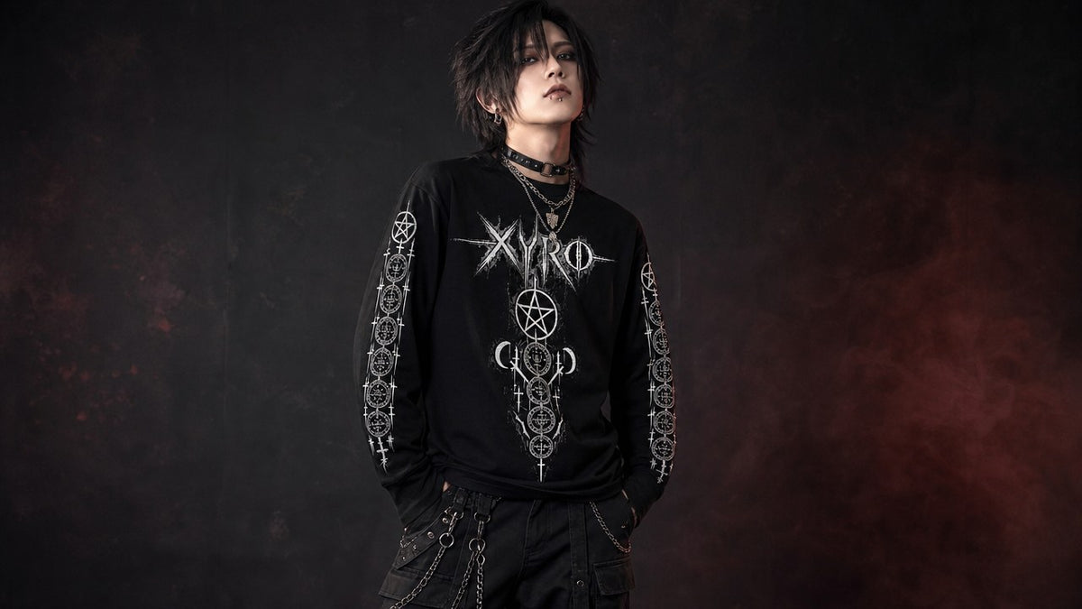 XYRO Occult Sigil Crewneck worn by a male visual-kei goth model