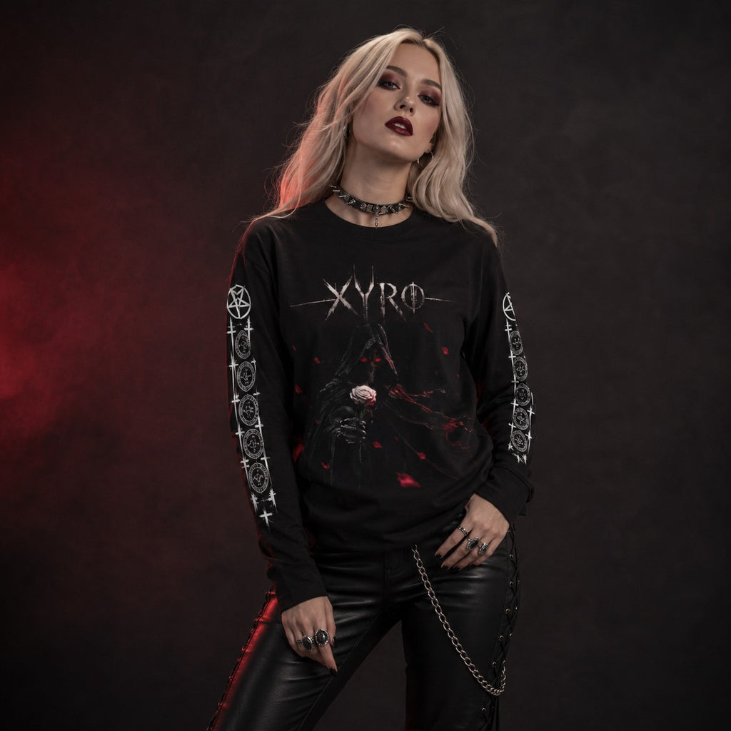 XYRO Reaper Blood Rose Long Sleeve worn by a blonde goth metal model