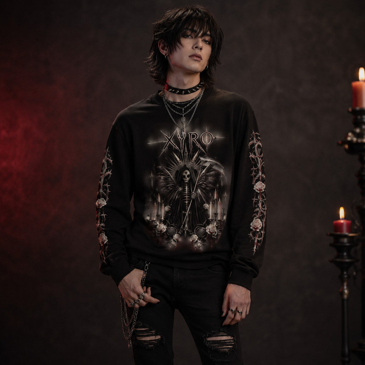 XYRO Skull & Candle Crewneck worn by a male scene goth model