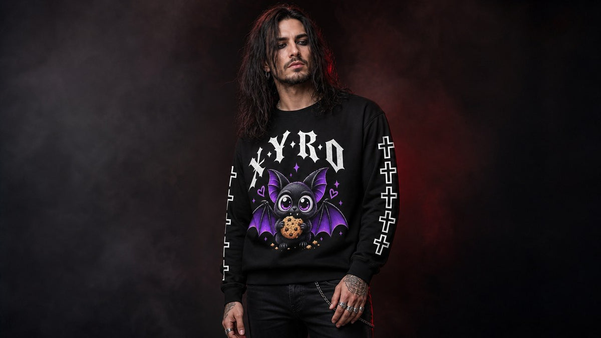 XYRO Vampire Bat Crewneck worn by a male goth metal model