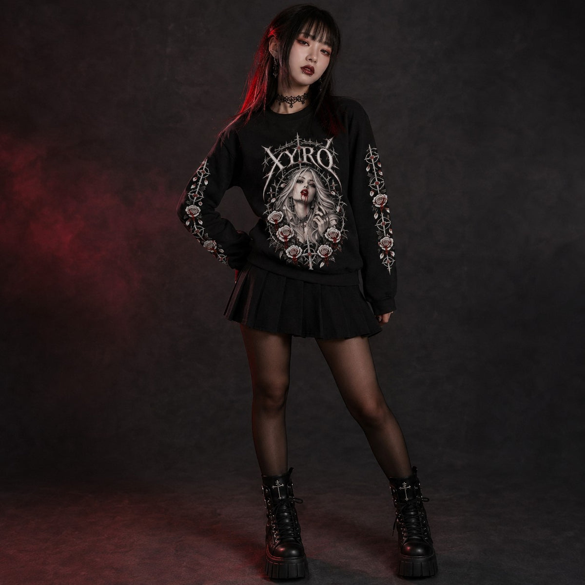 XYRO Vampire Rose Crewneck worn by a female goth cosplay model